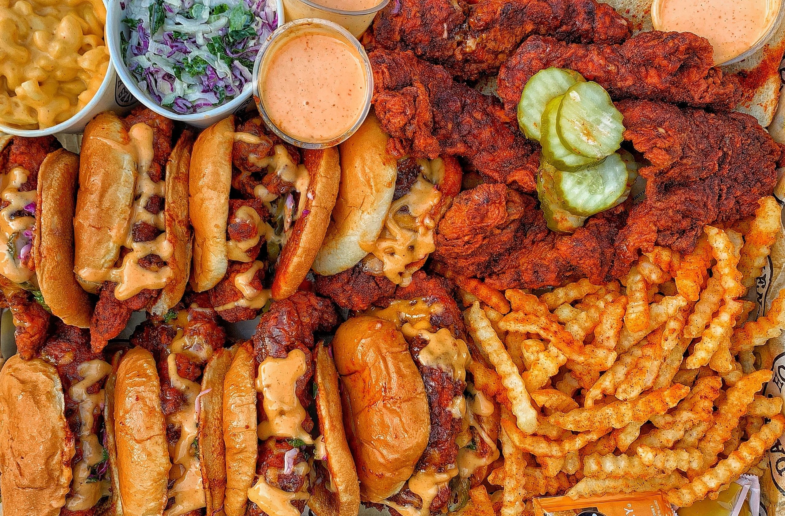 Tray of sliders, tenders and chips 