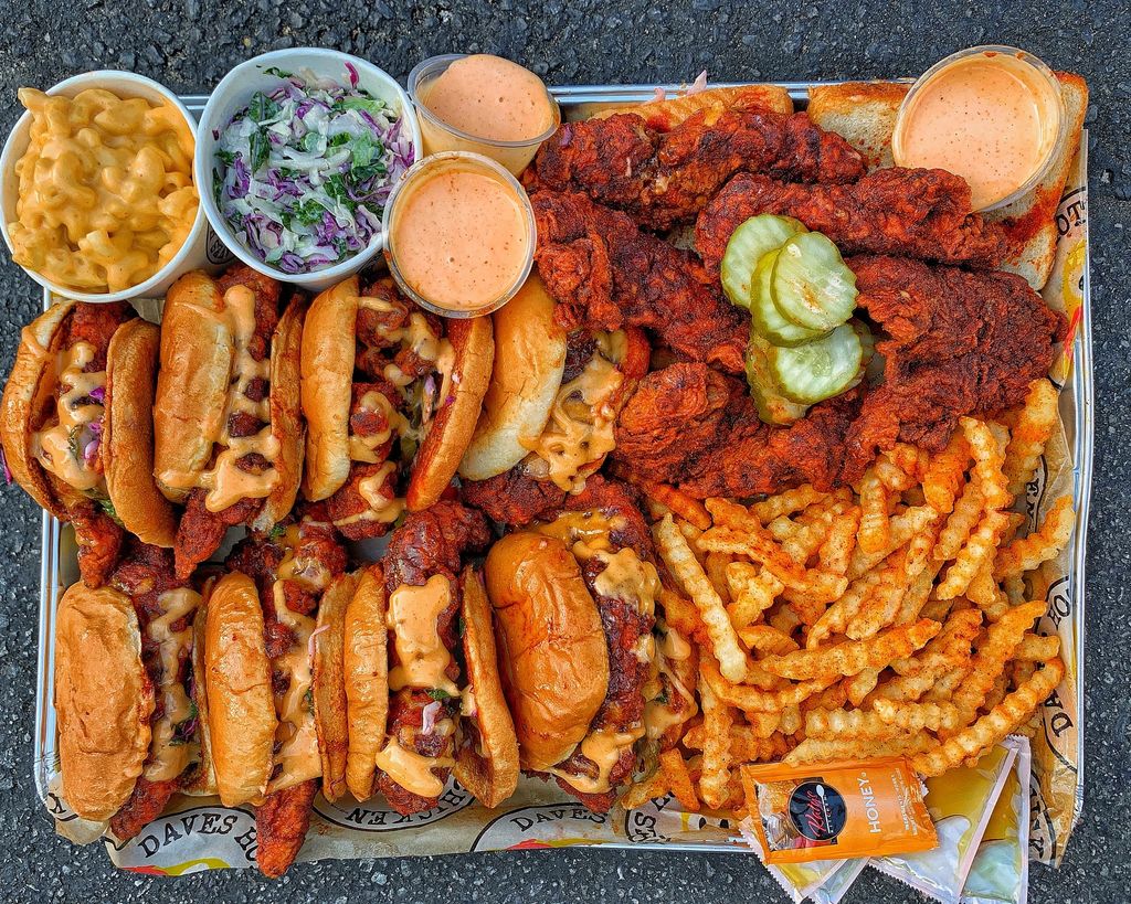 Tray of chicken sliders and tenders with chips